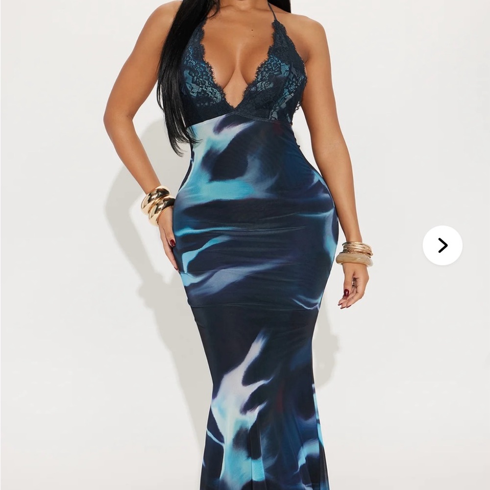 Fashion Nova NWT Medium Gabby Mesh Maxi Dress Turquoise/Combo sold out online